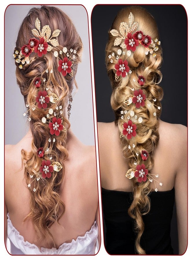 Josojoou 5 Pcs Bridal Flower Wedding Hair Pins Crystal Pearl Rhinestone Burgundy Flower Hair Clips Headpiece Wedding Hair Accessories Jewelry for Brides Bridesmaids Women Girls - Image 4